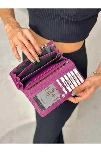 DERKON Purple Genuine Leather Women's Wallet - with Plenty of Eyes
