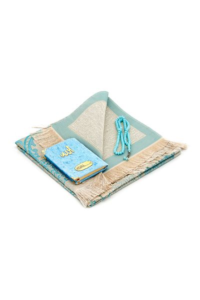 ihvanonline Blue Velvet Yasin Book - Pocket Size, Prayer Rug and Prayer Beads and Mawlid Gift with Transparent Box