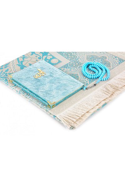 ihvanonline Velvet Yasin Book Bag Size Prayer Rug with Prayer Beads Boxed Blue