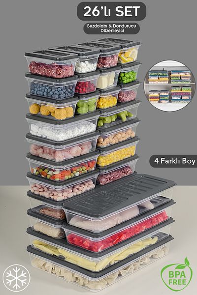 Meleni Home 26 Piece Anthracite Storage Set Suitable for Microwave and Diffraction - 2X2400Ml 4X1170Ml 8X600Ml 12X240Ml