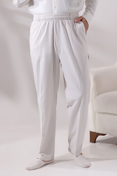 ihvanonline Men's Light Cream Side Pocket Relaxed Cut Elastic Waist Cargo Hajj and Umrah Shalwar Trousers