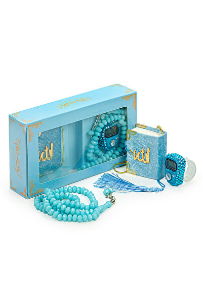 Stone Zikirmatikli Mini Quran and Crystal Stone Rosary Hajj Umrah Gift Set Blue Color