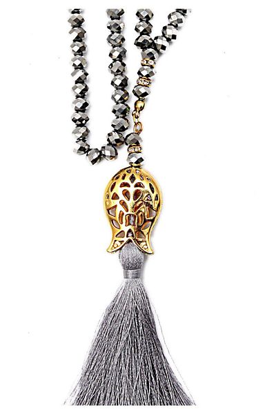 İhvan Tulip Patterned Tasseled 99-Piece Crystal Hajj Umrah Gift Prayer Beads - 8mm Gray