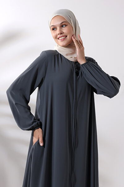 ihvan online Ανθρακί φερμουάρ Ελαστική λαβή Medina Silk Mevlana Model Hijab Ferace