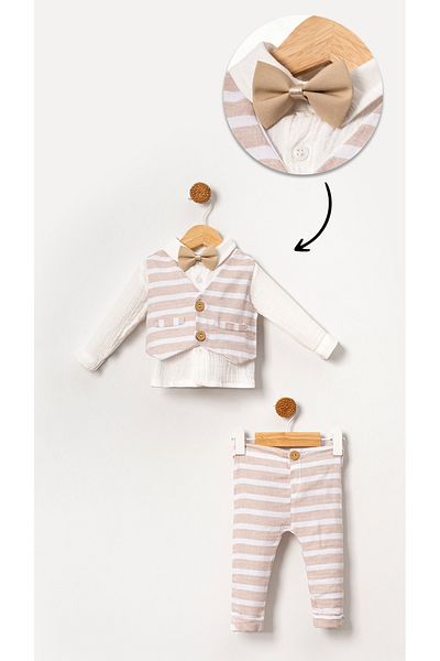 Bubito 4-Piece Beige Suit Set for Baby Boy and Child - with Muslin and Bow Tie Vest