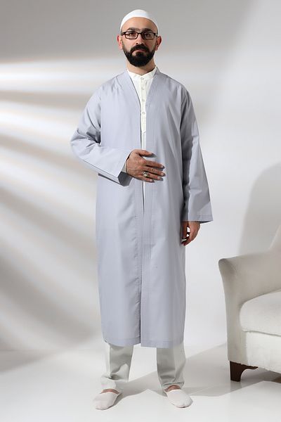 ihvanonline Gray Men's Prayer Robe V Neck Buttonless Open Front Prayer Robe