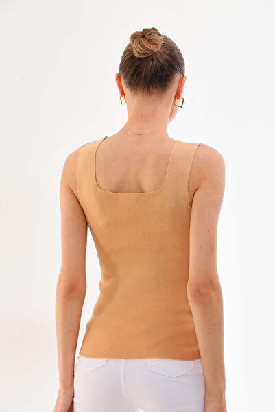 OnMODA Women's Beige Sleeveless Blouse Thick Strap Athlete Slim Summer Square Collar Knitwear Kare1010