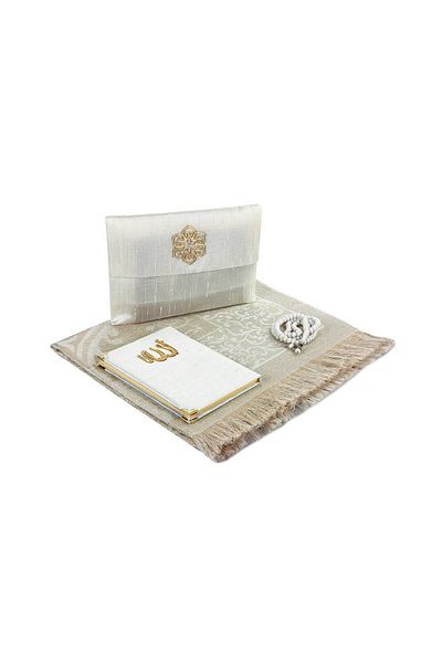İhvan Σετ Χαλιά Προσευχής Slub Covered Yasin Prayer Rug Χάντρες προσευχής Λευκό Χρώμα