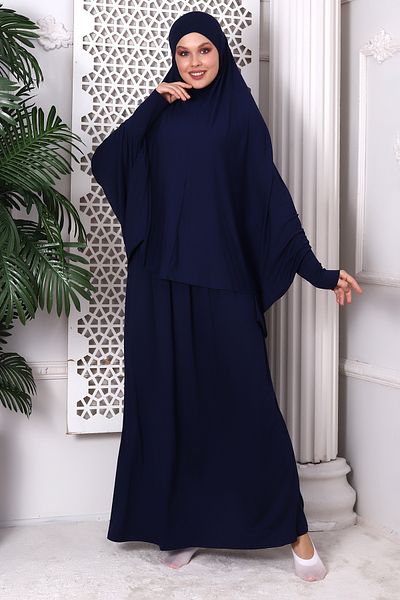 ihvanonline Navy Blue Πρακτικό φόρεμα προσευχής δύο τεμαχίων - 8016