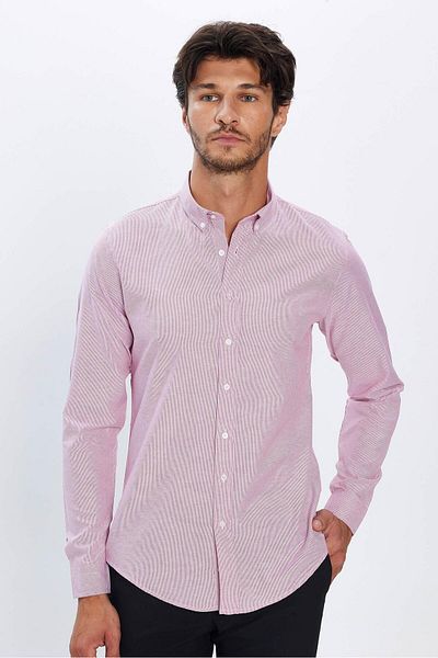 Tudors Ανδρικό ριγέ πουκάμισο Slim Fit - Μακρύ μανίκι, Slim Fit, γιακά με κουμπιά 4 εποχών