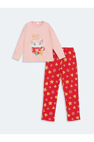 LC Waikiki LCW Bisiklet Yaka Baskılı Uzun Kollu Kız Çocuk Pijama Takımı