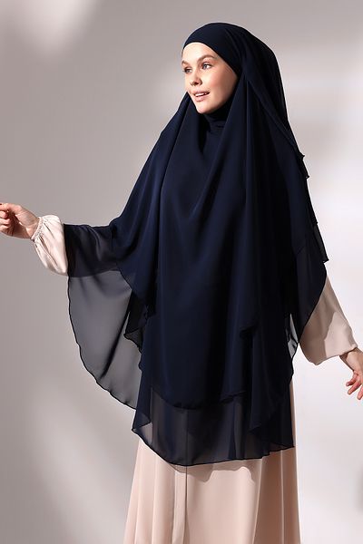 ihvanonline Navy Blue Three Layer Veiled Long Chiffon Hijab Souffle Scarf