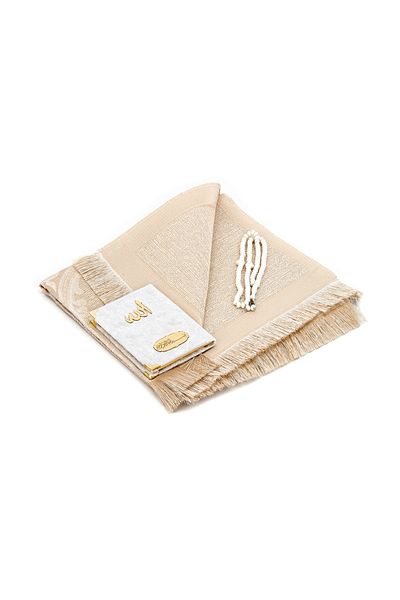 ihvanonline Pocket Size Velvet Yasin Book - Prayer Rug - Prayer Beads and Transparent Boxed Mawlid Gift - Cream