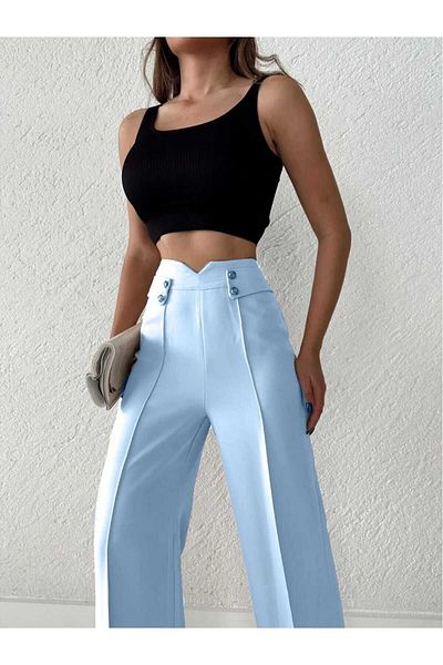 H&A İSTANBUL Women's High Waist Palazzo Button Detail Slim Fit Calip Trousers