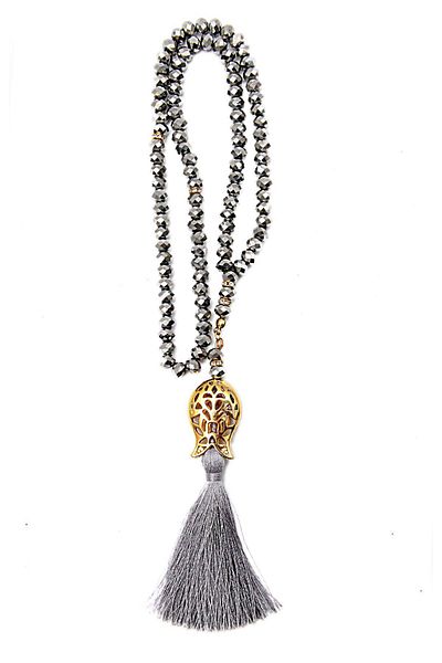 İhvan Tulip Patterned Tasseled 99-Piece Crystal Hajj Umrah Gift Prayer Beads - 8mm Gray