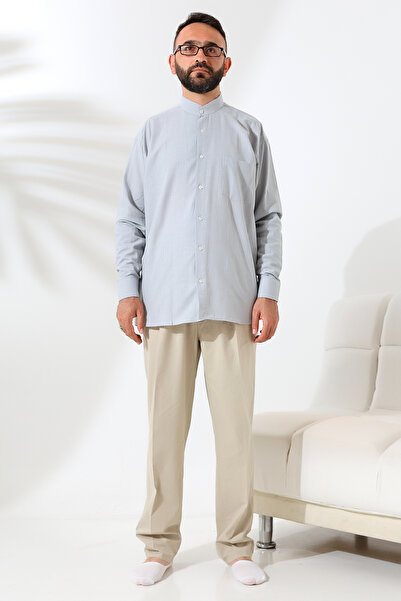 ihvan online Men's Gray Linen Shirt - Loose Fit, Single Pocket, Prevailing Collar
