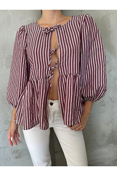 King Brothers Poplin Striped Balloon Sleeve Bow Women's Blouse