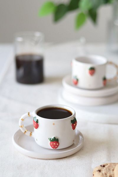 ada mia seramik 24K Gold Decorated Strawberry Figured Ceramic Cup Set - Handmade Set of 2, 120ml
