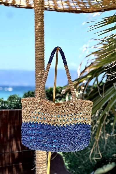 Marina El Örgüsü Mavi Bej Hasır Çanta C2418