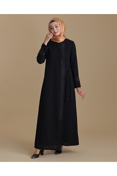 derin store Ferace hijab negru cu croială dublu - Fermoar interior și detaliu din piatră de cristal