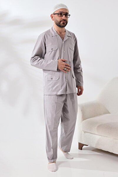 ihvan online Men's Linen 4-Pocket Double Safari Suit Hajj Umrah Clothing Gray