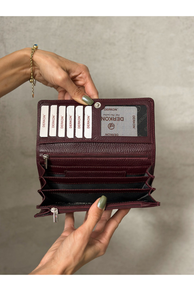 DERKON Portofel de dama din piele naturala rosie Claret - cu o multime de compartimente