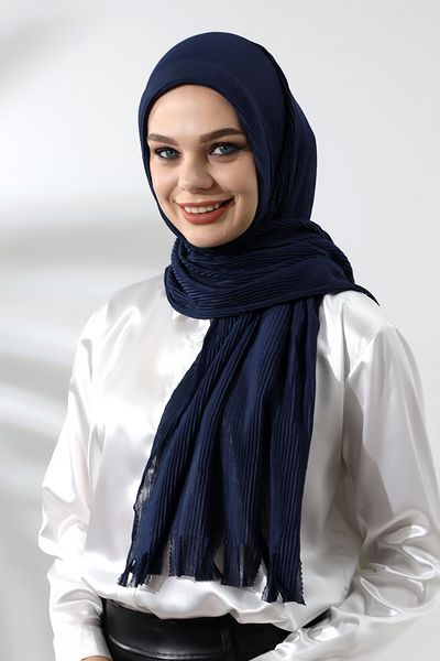 ihvanonline Μπλε Navy Hijab έτοιμο πρακτικό βαμβακερό σάλι με ραβδώσεις