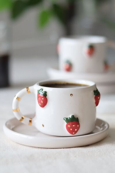 ada mia seramik 24K Gold Decorated Strawberry Figured Ceramic Cup Set - Handmade Set of 2, 120ml