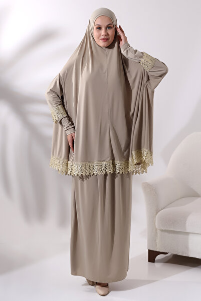 ihvan online Πρακτικό φόρεμα προσευχής δύο τεμαχίων με χτένισμα - Σετ κάτω και επάνω 8018 Mink