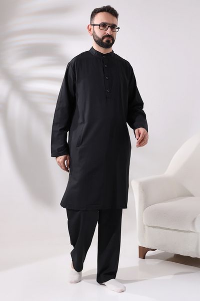 ihvanonline Men's Hajj and Umrah Clothes Double Bottom Top Afghan Suit Black