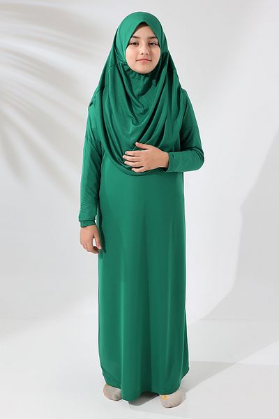 ihvanonline One Piece Practical Children's Prayer Dress with Headscarf Green