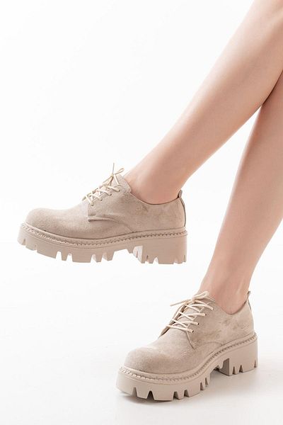 Aymood 868-754 piele intoarsa bej - mocasini casual cu siret cu talpa inalta