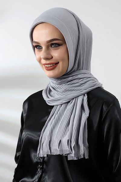 ihvanonline Gray Hijab Ready Practical Corded Cotton Shawl