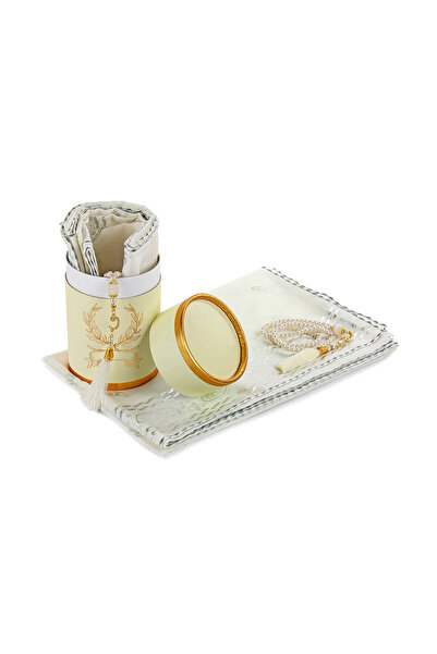 İhvan Unique Mother's Special Cylinder Boxed Set - Pearl Prayer Beads - Gilded Cut Fiber Mevlid Covered - Cream R