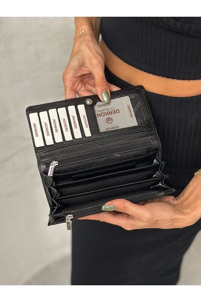 DERKON Genuine Leather Black Women's Wallet - with Plenty of Eyes