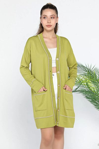 GÜLSELİ Knitwear Cardigan - Oil Green with Pockets and Button Detail