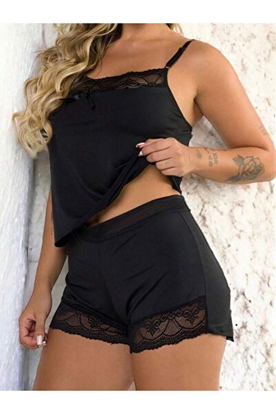 Fancy&Dancy Kadın Dantel Detaylı Siyah Renk Şortlu Takım