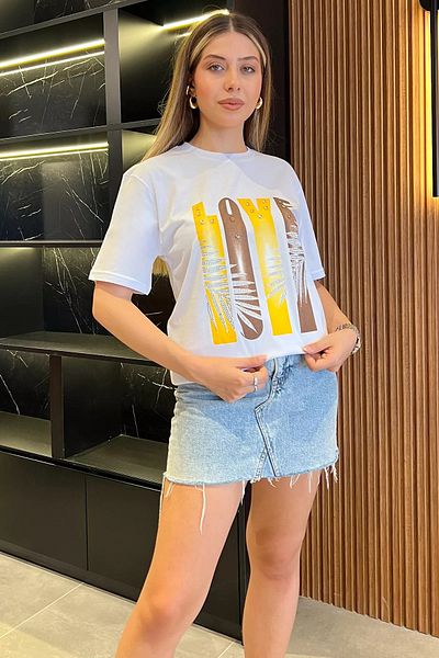 GÜLSELİ Love Printed White Stone Γυναικείο T-Shirt - Crew Neck