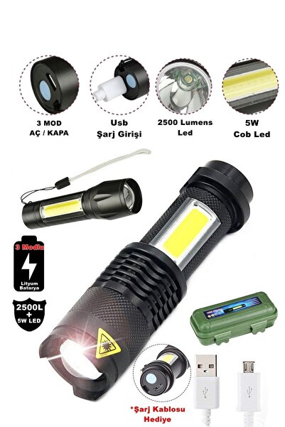 AKF Tak-02 Ultra Güçlü 2500 Lumens + 5w Cob Led Usb Şarjlı El Feneri Kutulu K...