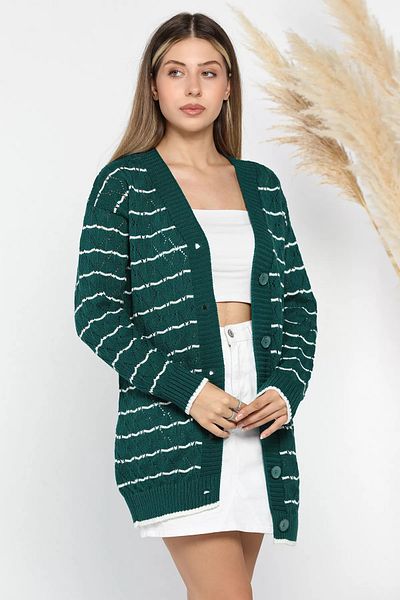 GÜLSELİ Women's Knitwear Cardigan - Emerald Green Striped