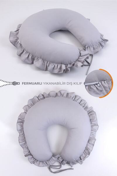 Umaybebek Emzirme Yastığı Minderi, Pamuk Kumaş - Gri Fırfırlı