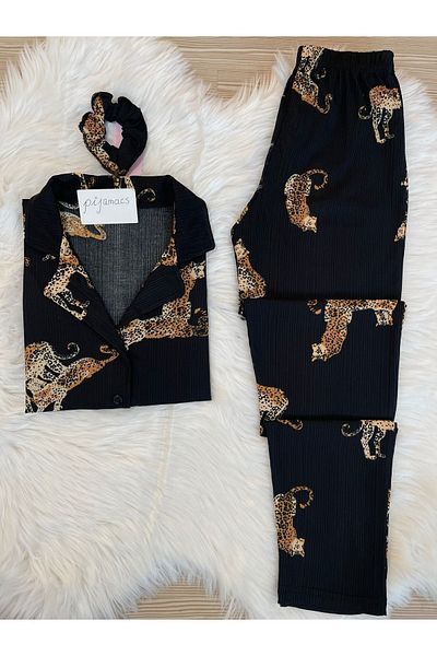 Pijamacs Set de pijama Pegasus cu mâneci scurte cu model de leopard negru