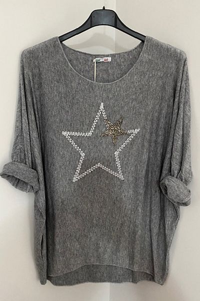 AYASOFYA OTANTIK Italian Gray Stoned Star Detailed Women's Knitwear Blouse - Bat Sleeve