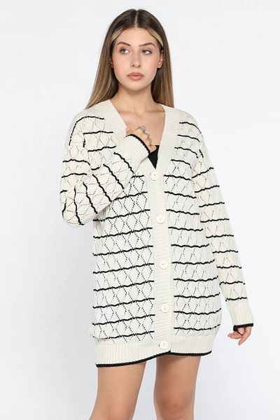 GÜLSELİ Women's Knitwear Cardigan - Creamy Black and Striped