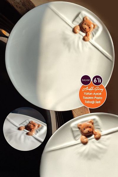 Anadolu Saray Set of 6 White 19cm Ceramic Lying Bear Shaped Design Handmade Cake Plate Dessert Breakfast Cake Plate
