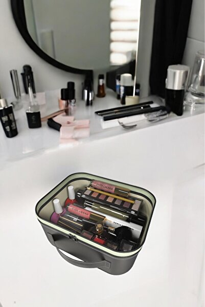 FDF STORE حقيبة مكياج جلدية سوداء - منظم سفر كبير الحجم، منظم داخلي