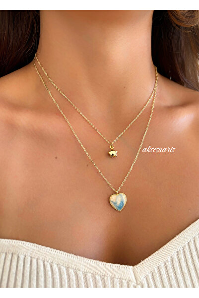 aksesuaris 2'li Kalp Yıldız Gold Kadın Kolye