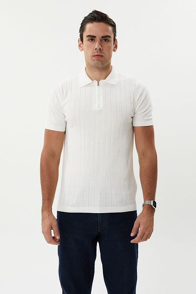 hateko White Half Zipper Polo Neck Knitwear T-Shirt