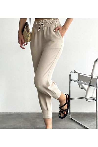 jöns since 1997 Beige Linen Trousers - Women's, Elastic Waist, Collared Leg