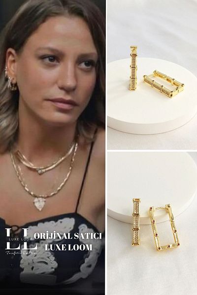 Luxe Loom Gold Color Leyla - Rectangular Edge Detailed Women's Earrings